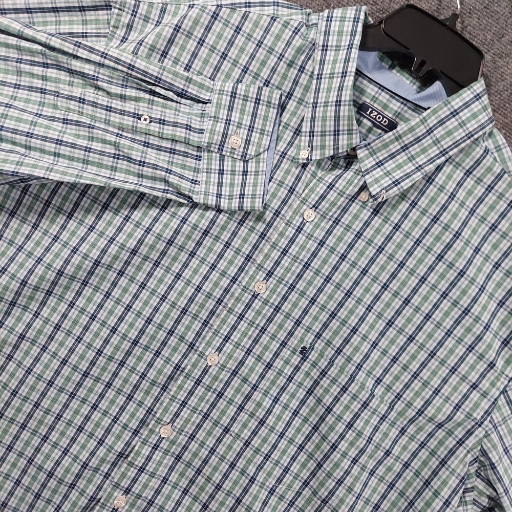 IZOD Shirt Mens 2XLT Green Blue Plaid Long Sleeve Button Down Stretch Casual